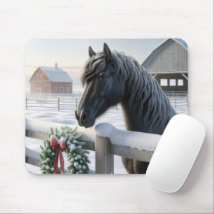 Schwarzes Pferd mit Weihnachtskranz Mousepad