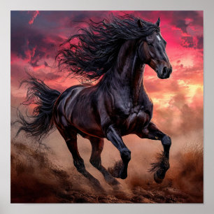 🐎 Schwarzes Pferd Rosa Himmel Ästhetische Traumla Poster