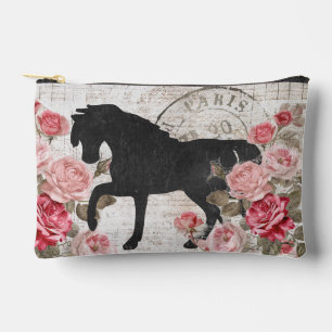 Schwarzes Pferd rosa Rose französische Schreibschr Zubehörtasche