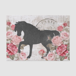 Schwarzes Pferd Rosa Rose Skript Collage Decoupage Seidenpapier