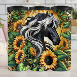 Schwarzes Pferd Sonnenblume Leopardin Grazie Thermosbecher
