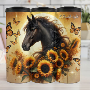 Schwarzes Pferd Sonnenblume Schmetterling Goldener Thermosbecher