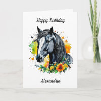 Schwarzes Pferd umgeben von gelben Blumen Geburtst