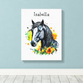 Schwarzes Pferd umgeben von Personalisierten Blume Leinwanddruck (Insitu (Holzboden))