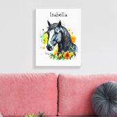 Schwarzes Pferd umgeben von Personalisierten Blume Leinwanddruck (Insitu (Wohnzimmer))