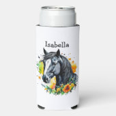 Schwarzes Pferd umgeben von Personalisierten Blume Selters Dosenkühler (Seltzer Rückseite)