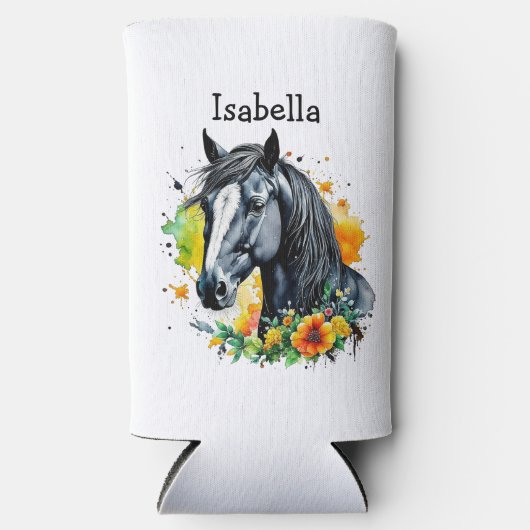 Schwarzes Pferd umgeben von Personalisierten Blume Selters Dosenkühler (Vorderseite)