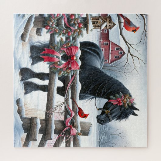 Schwarzes Pferd und Kardinal Weihnachten Puzzle (Horizontal)