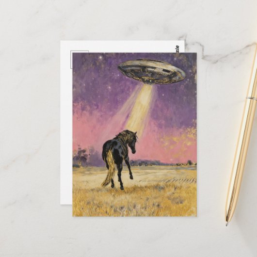Schwarzes Pferd und UFO Postkarte (Vorderseite/Rückseite Beispiel)
