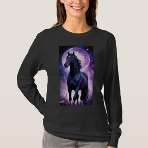 Schwarzes Pferd unter violettem Mond T-Shirt