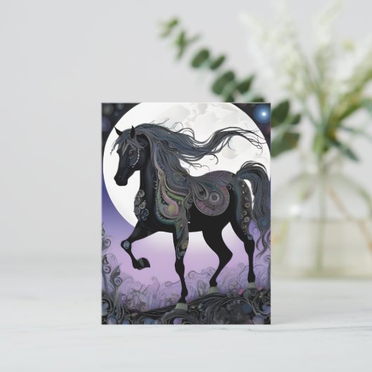 Schwarzes Pferd Vollmond Halloween Postkarte (Stehend Vorderseite)