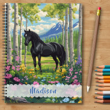 Schwarzes Pferd Wildblumen Mädchen Rosa Lila Kinde