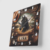 Schwarzes Pferdportrait mit Western-Dekorelementen Quadratische Wanduhr (Winkel)