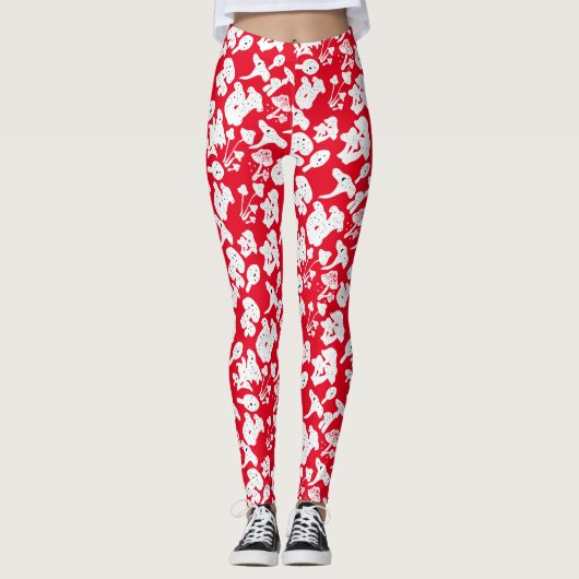 Schwarzes Pilzmuster 01b Rotes BG Leggings (Vorderseite)