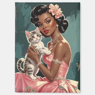 Schwarzes Pin-Up-Rosa Kleid und süße Katze Magnet