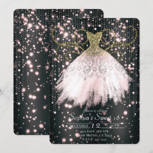 Schwarzes Pink Gold Glitter Kleid Süße 16 Party Einladung