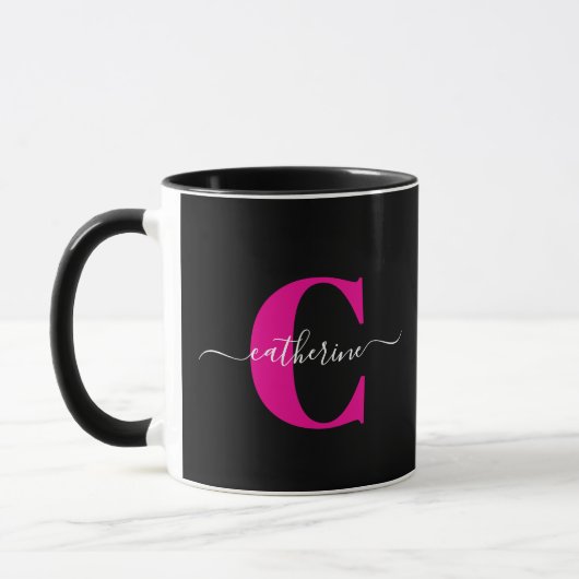 Schwarzes Pink Modernes Stylisches Schriftmonogram Tasse (Links)