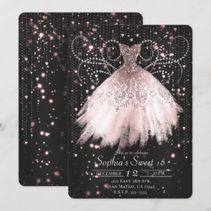 Schwarzes Pink Silber Glitter Kleid Sweet 16 Party Einladung