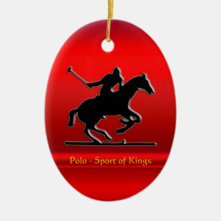 Schwarzes Polo-Pony und Reiter auf rotem Keramikornament
