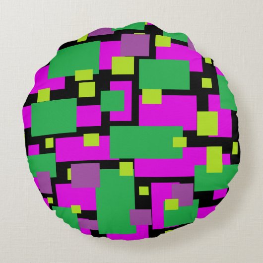 Schwarzes Pouf Kissen mit Lila und grünem Muster (Rückseite)