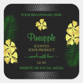 Schwarzes Produktetikett Gelbe Hawaiianische Blume Quadratischer Aufkleber