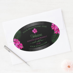Schwarzes Produktetikett Rosa Blume Grüne Palme Bl Ovaler Aufkleber