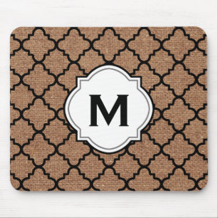 Schwarzes Quatrefoil auf rustikaler Leinwand - Mousepad