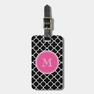 Schwarzes Quatrefoil Muster, Pink-Monogramm Gepäckanhänger