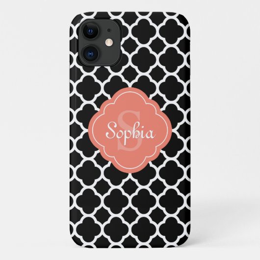 Schwarzes Quatrefolienmuster Peach Monogramm Case-Mate iPhone Hülle (Rückseite)