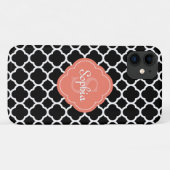 Schwarzes Quatrefolienmuster Peach Monogramm Case-Mate iPhone Hülle (Rückseite (Horizontal))