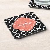 Schwarzes Quatrefolienmuster Peach Monogramm Getränkeuntersetzer (Linke Seite)