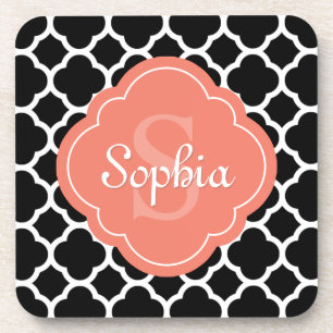 Schwarzes Quatrefolienmuster Peach Monogramm Getränkeuntersetzer