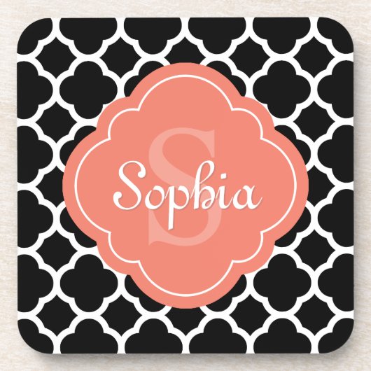 Schwarzes Quatrefolienmuster Peach Monogramm Getränkeuntersetzer (Vorderseite)