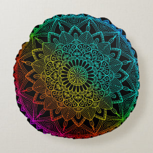 Schwarzes Regenbogen-Mandala Rundes Kissen