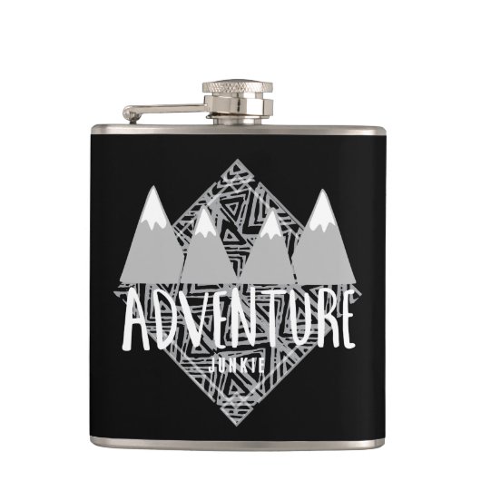 Schwarzes Reise-Abenteuer-Junkie-Camping Flachmann (Vorderseite)