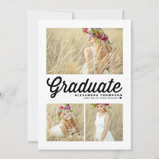 Schwarzes Retro-Script Drei-Foto-Abschluss Einladung (Vorderseite)