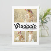 Schwarzes Retro-Script Drei-Foto-Abschluss Einladung (Stehend Vorderseite)