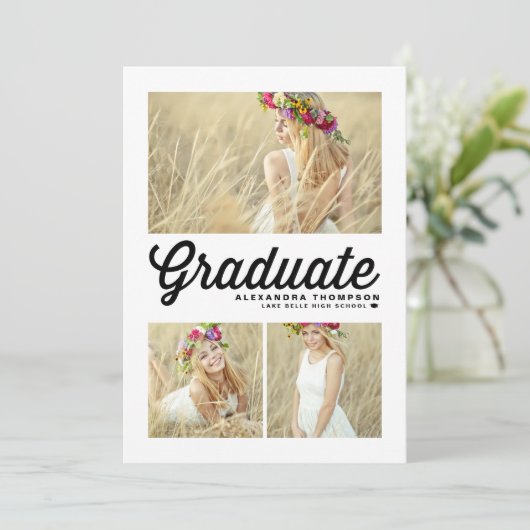 Schwarzes Retro-Script Drei-Foto-Abschluss Einladung (Stehend Vorderseite)