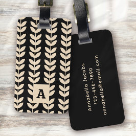 Schwarzes Retro Vibe Leaf Muster Monogramm Gepäckanhänger