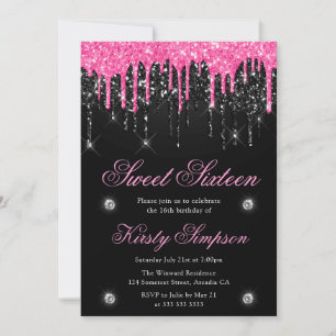Schwarzes & rosa tropfendes Glitter Sweet Sixteen Einladung