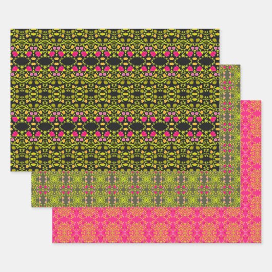 Schwarzes Rosa und Grün Gemustert Geschenkpapier Set (Set)