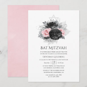 Schwarzes Rosa und Silberne Vintage Rose Bat Mitzv Einladung