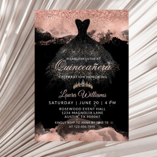 Schwarzes & Roségold Prinzessinnenkleid Quinceañer Einladung