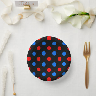 Schwarzes Rot Blau Punkte Design Pappteller