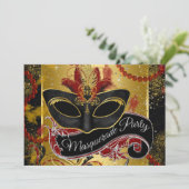 Schwarzes Rot-Gold-Masquerade-Party Einladung (Stehend Vorderseite)