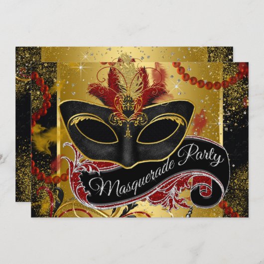 Schwarzes Rot-Gold-Masquerade-Party Einladung (Vorne/Hinten)