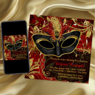 Schwarzes Rot-Gold-Masquerade-Party Einladung