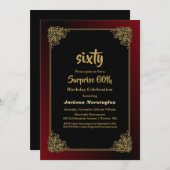 Schwarzes Rot mit Gold Frame Überraschung 60. Gebu Einladung (Vorne/Hinten)