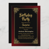 Schwarzes Rot mit Gold Frame Überraschung Geburtst Einladung (Vorne/Hinten)