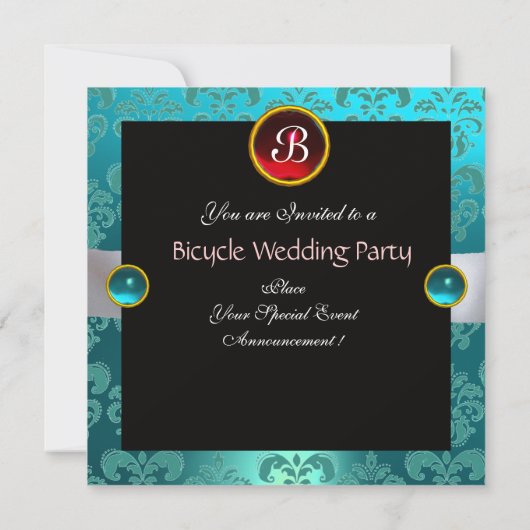 SCHWARZES, ROTES BLAU BICYCLE WEDD DAMASK MONOGRAM EINLADUNG (Rückseite)